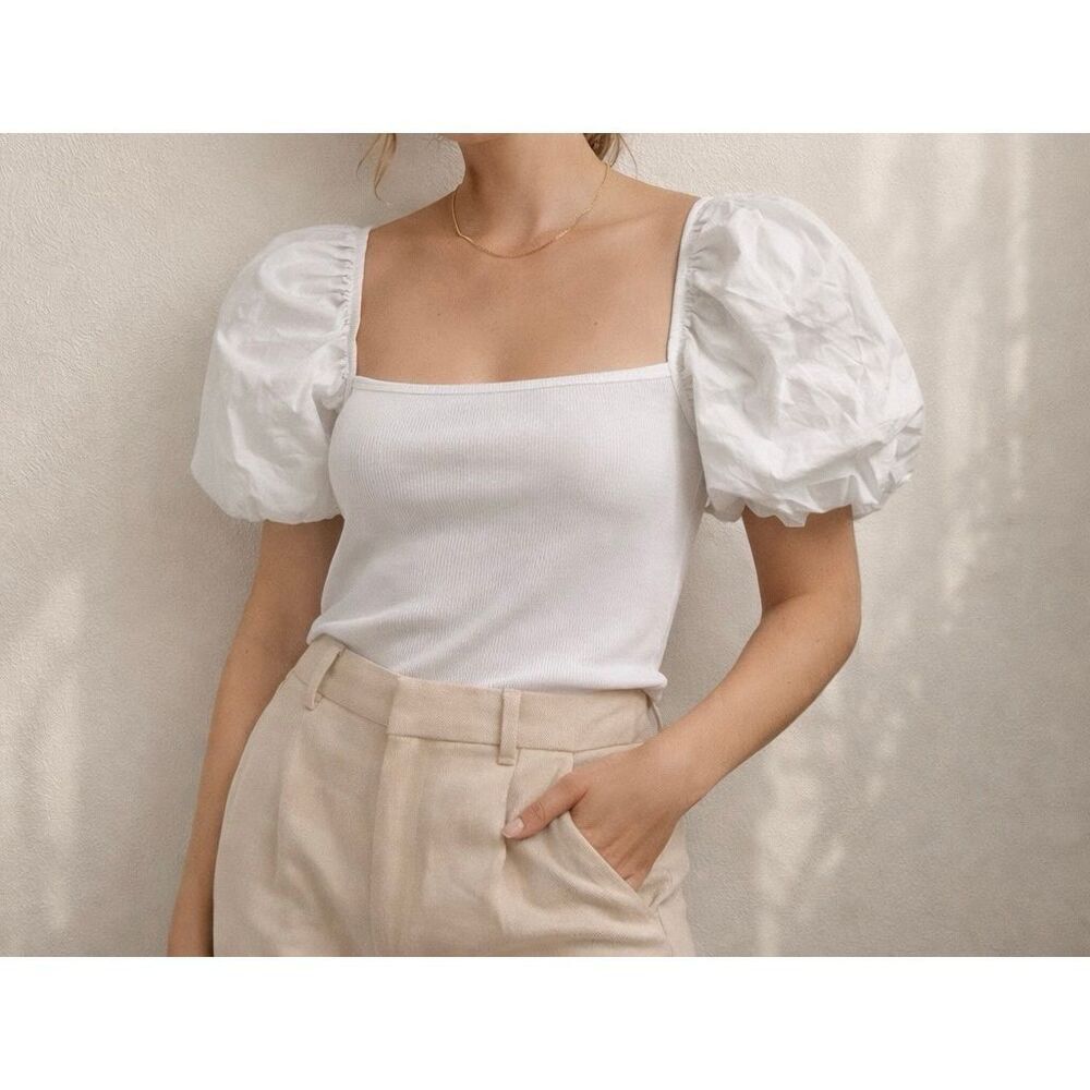 Zara White Puff Sleeve Crop Top Size L Ribbed Cottagecore